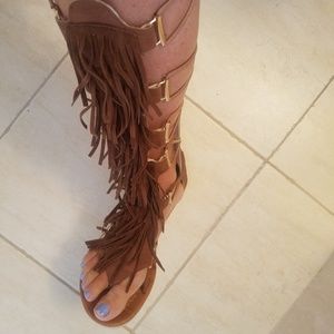 Tan fringe sandals